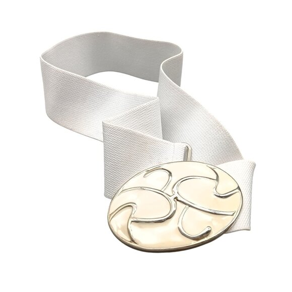 White Elastic Belt With Gold & Cream Enamel Swirl Buckle Womens Adjustable Waist - Picture 1 of 3